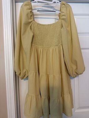 Blu Pepper Yellow Smocked Square-Neck Tiered Long Sleeve Dress